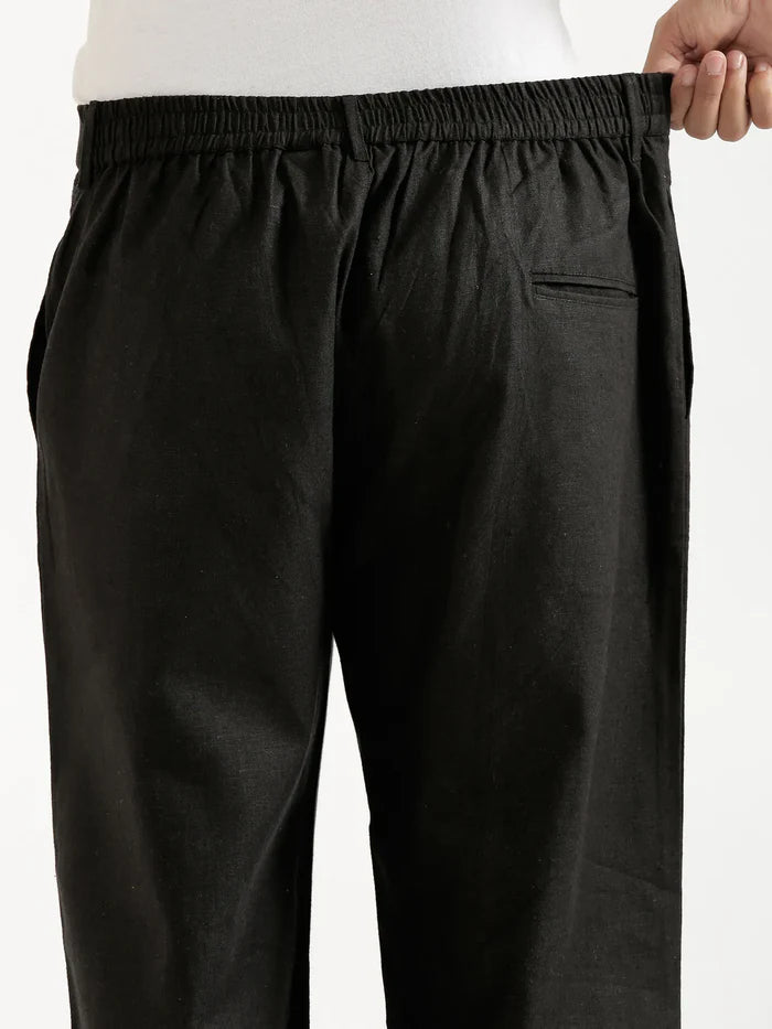 Men Black Linen Blend Straight Pant