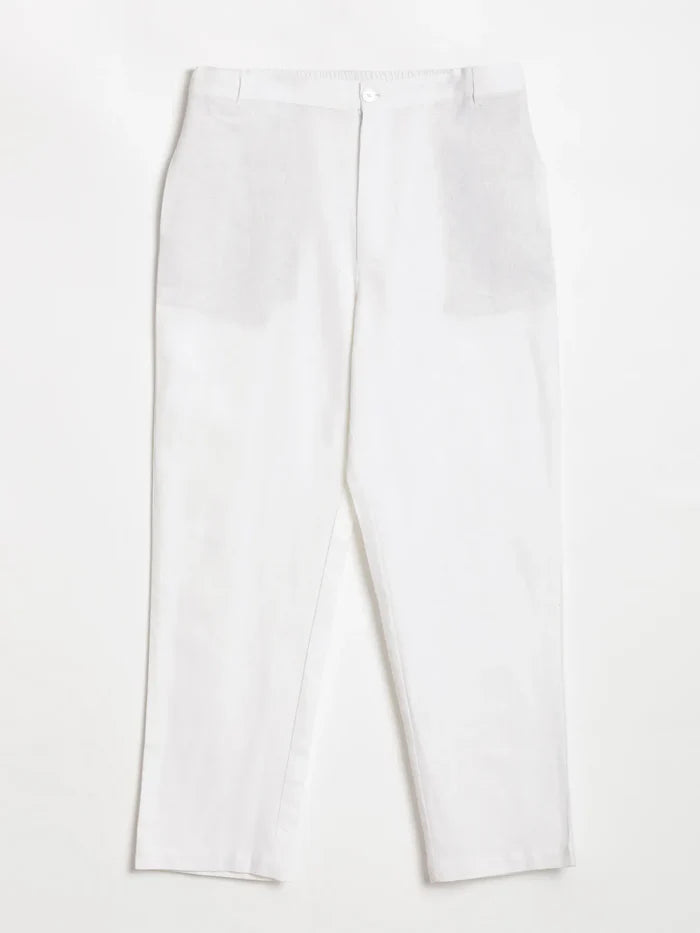 Men White Linen Blend Straight Pant