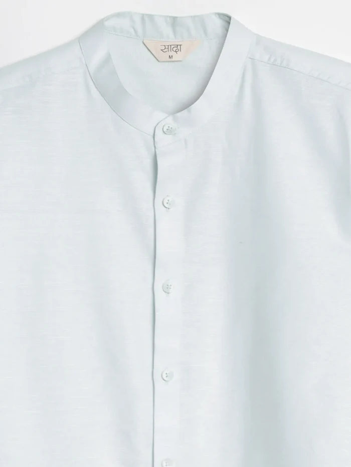 Men Powder Blue Linen Blend Mandarin Collar Shirt
