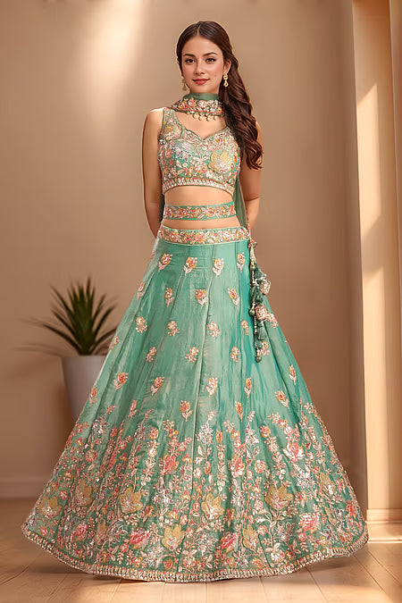 Samyukta Singhania Floral Patchwork Thread Sequin Zari Lehenga Set