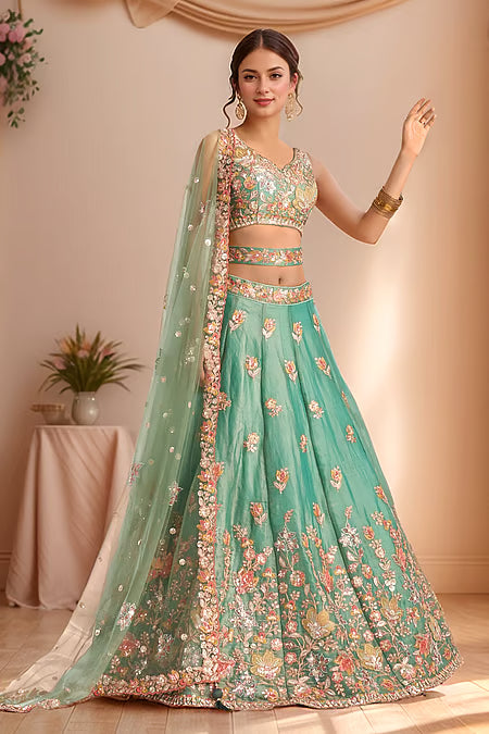 Samyukta Singhania Floral Patchwork Thread Sequin Zari Lehenga Set