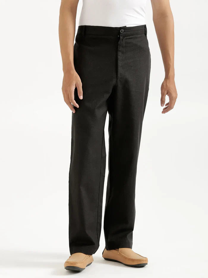 Men Black Linen Blend Straight Pant