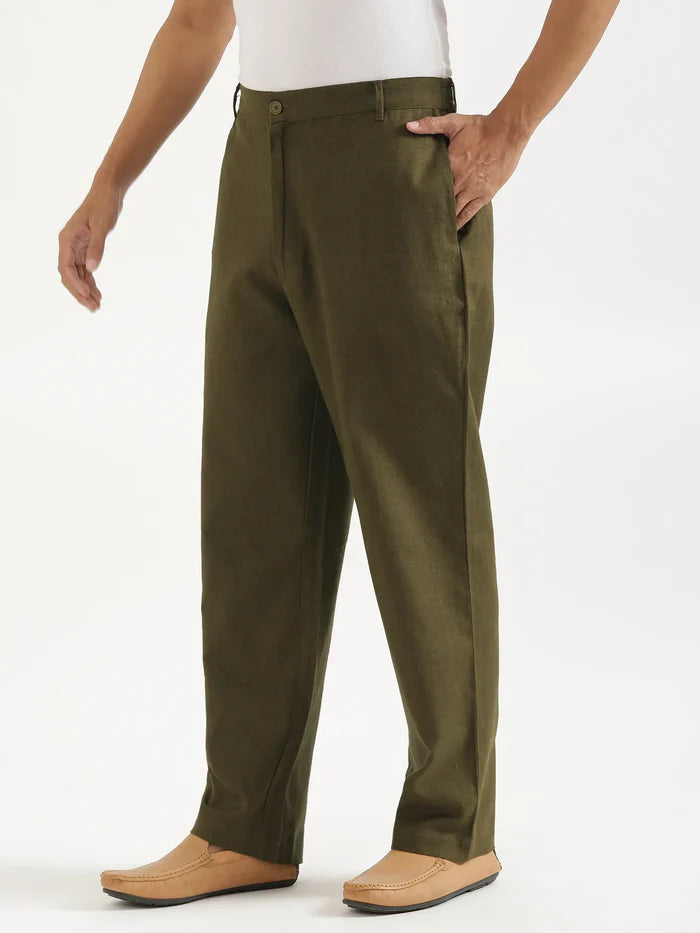 Men Olive Green Linen Blend Straight Pant