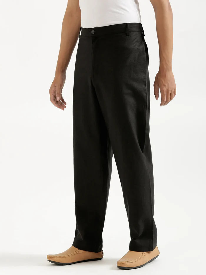 Men Black Linen Blend Straight Pant