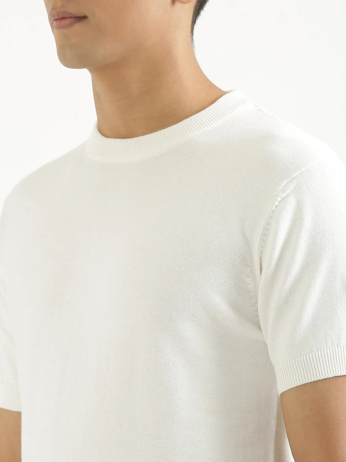 Men Off White Flat Knit Round Neck T-shirt