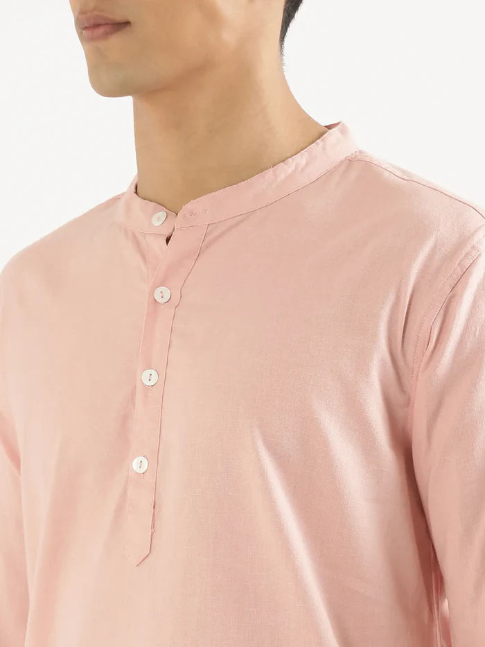 Men Salmon Pink Airy Linen Long Kurta