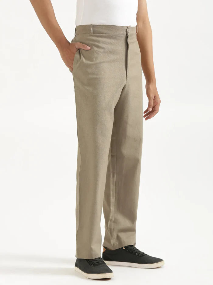 Men Khaki Linen Blend Straight Pant