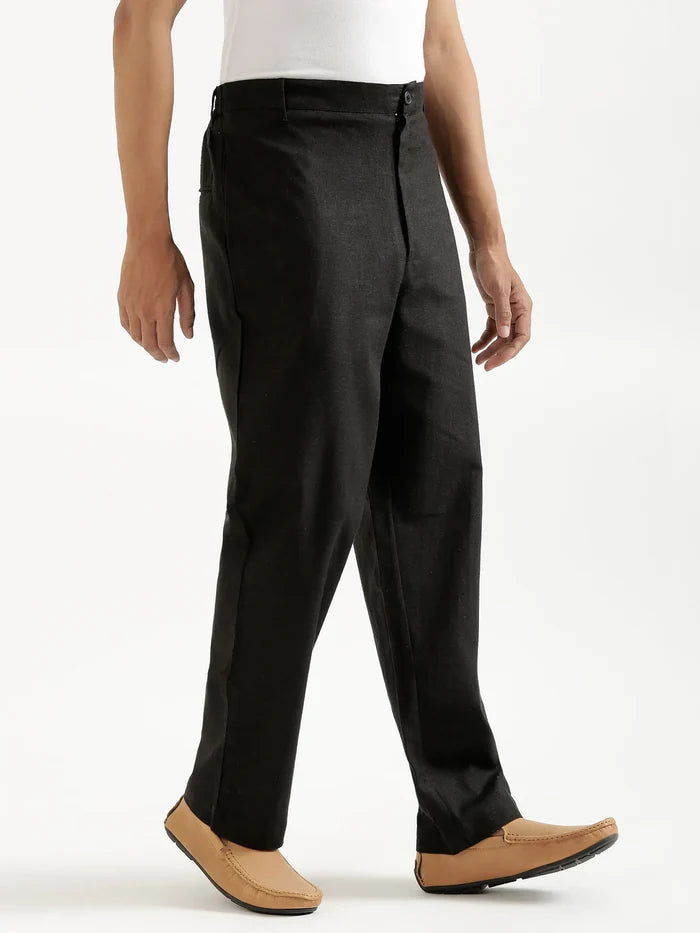 Men Black Linen Blend Straight Pant