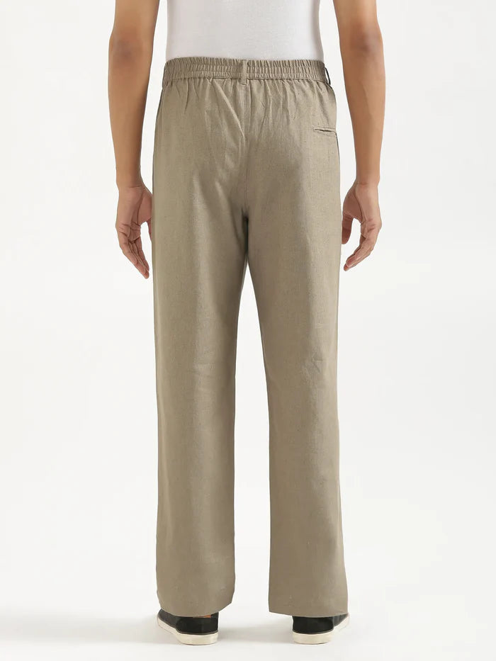 Men Khaki Linen Blend Straight Pant