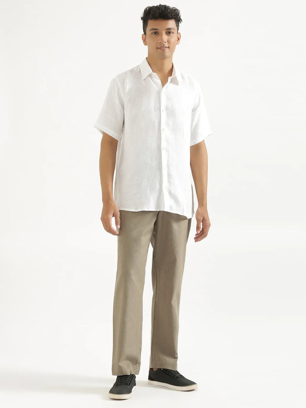 Men Khaki Linen Blend Straight Pant