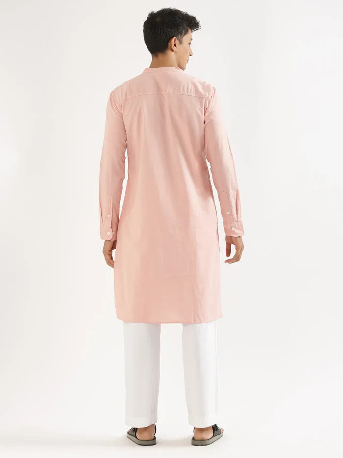 Men Salmon Pink Airy Linen Long Kurta