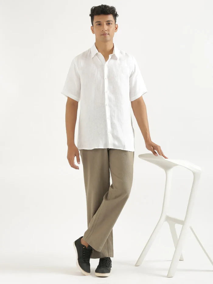 Men Khaki Linen Blend Straight Pant