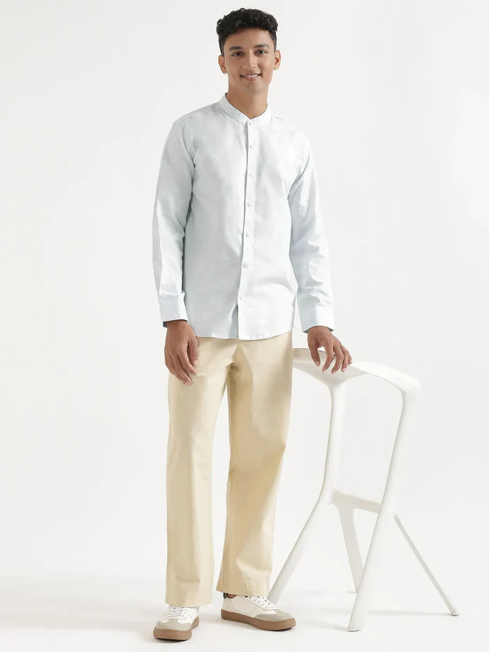 Men Powder Blue Linen Blend Mandarin Collar Shirt