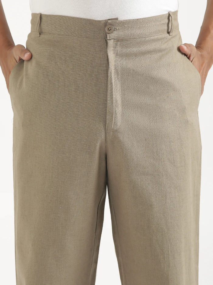 Men Khaki Linen Blend Straight Pant