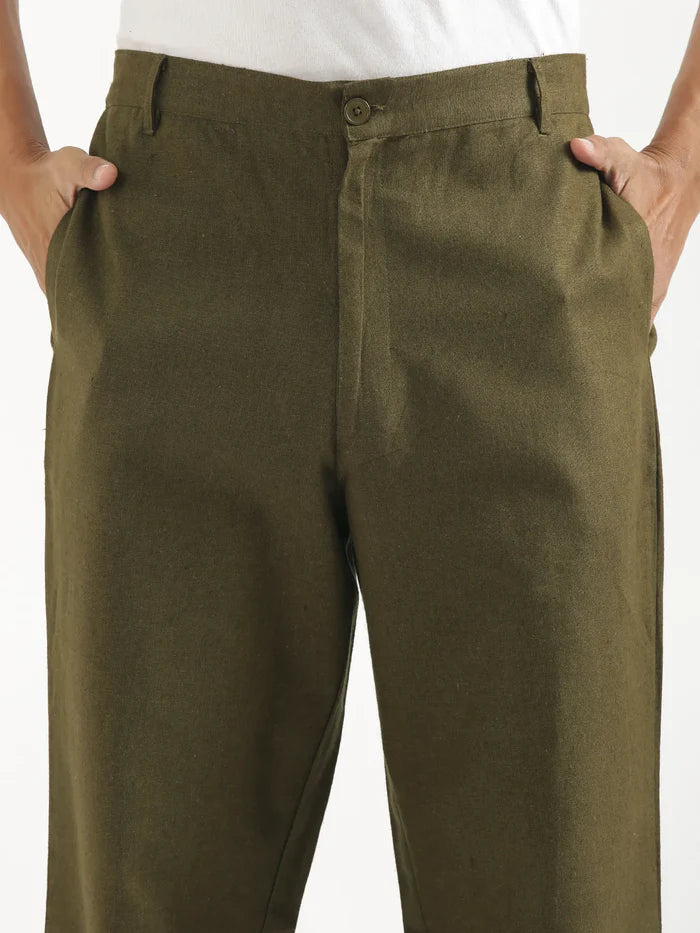 Men Olive Green Linen Blend Straight Pant
