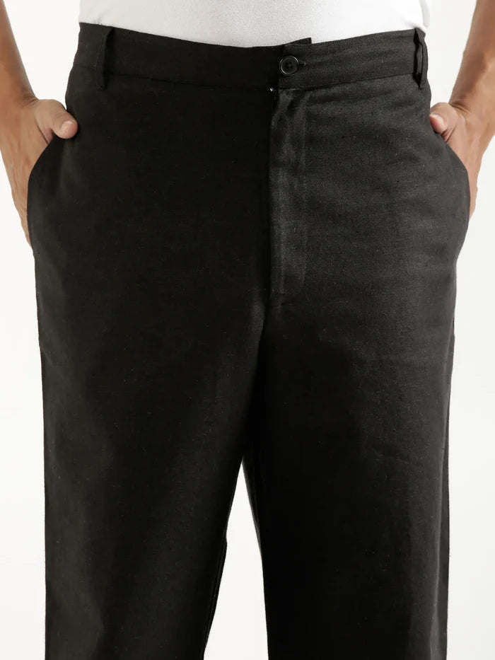 Men Black Linen Blend Straight Pant