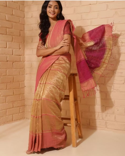 Wine Cotton Silk Hand Woven Sari