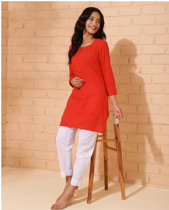 White Cotton Printed Knee Length Kurta