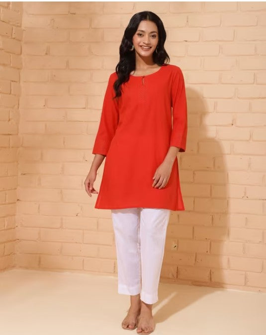 White Cotton Printed Knee Length Kurta