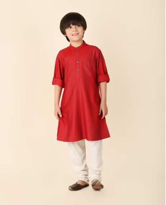 Red Viscose Silk Woven Long Kurta