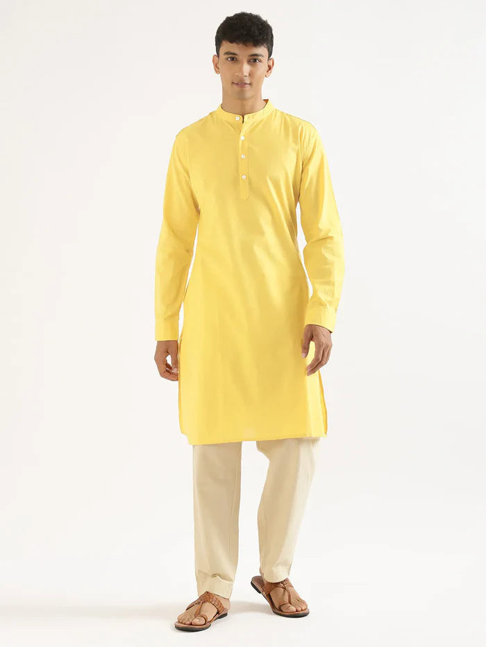 Men Lemon Yellow Airy Linen Long Kurta