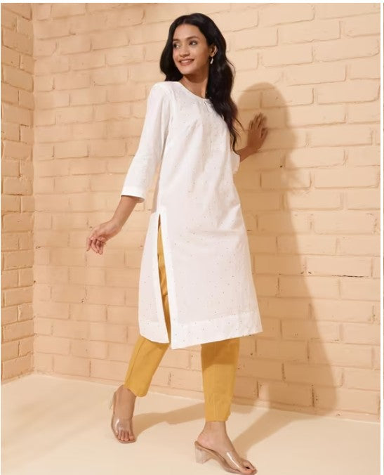 White Cotton Printed Knee Length Kurta