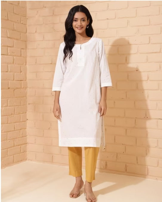 White Cotton Printed Knee Length Kurta