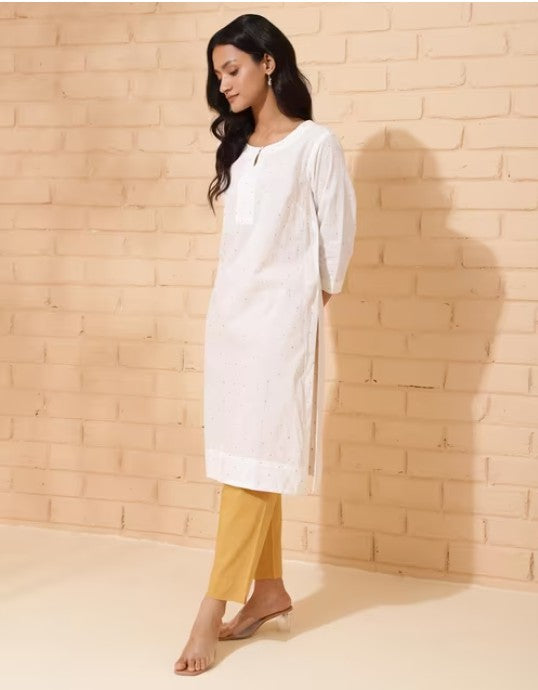 White Cotton Printed Knee Length Kurta