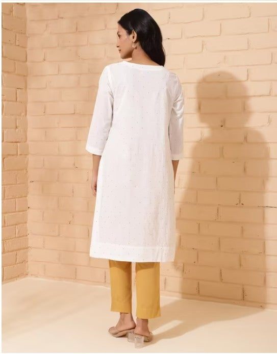 White Cotton Printed Knee Length Kurta
