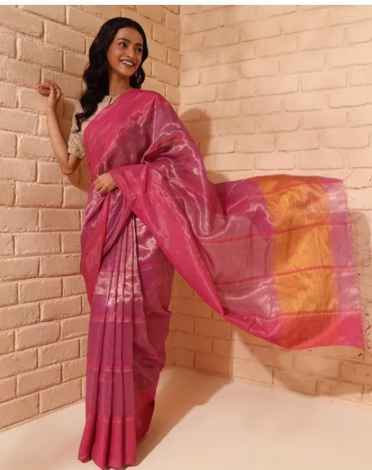 Wine Cotton Silk Hand Woven Sari