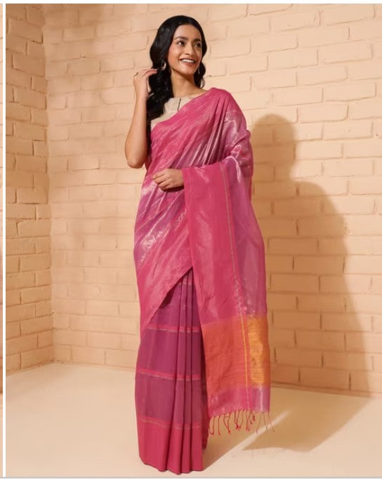 Wine Cotton Silk Hand Woven Sari