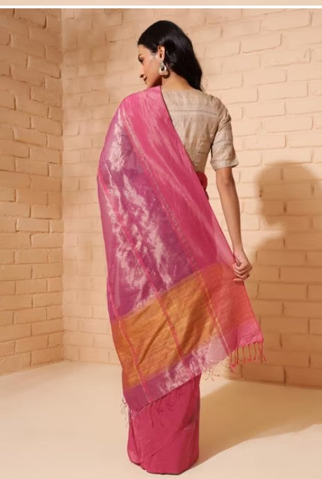 Wine Cotton Silk Hand Woven Sari