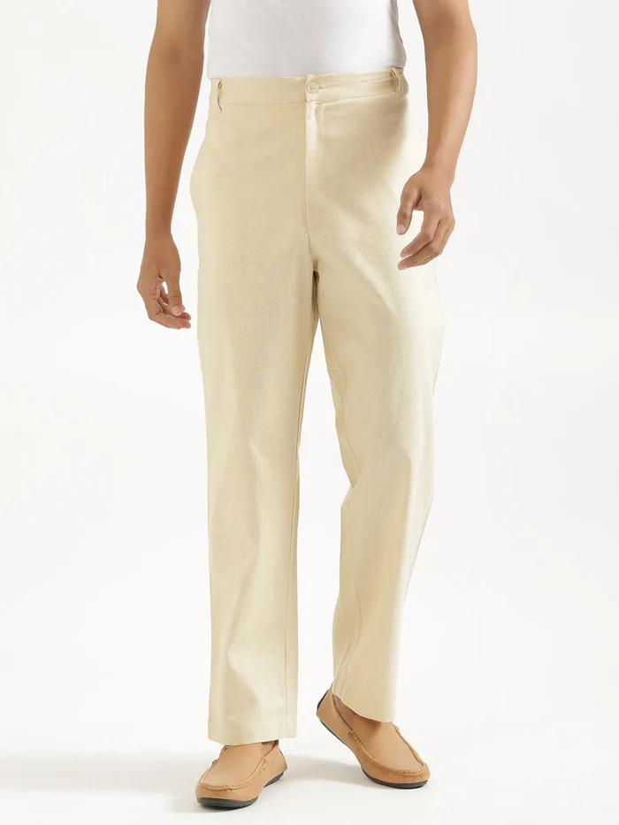 Men Beige Linen Blend Straight Pant
