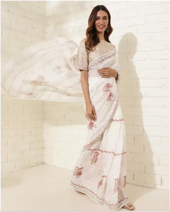 Yellow Linen Blend Hand Block Printed Sari