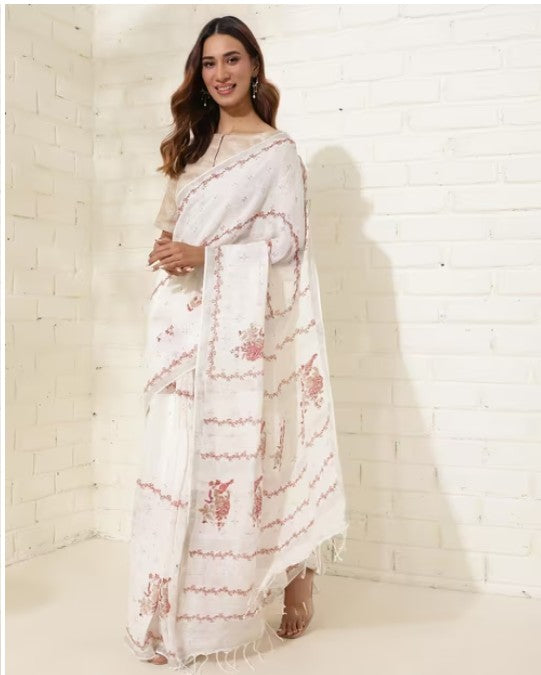 Yellow Linen Blend Hand Block Printed Sari
