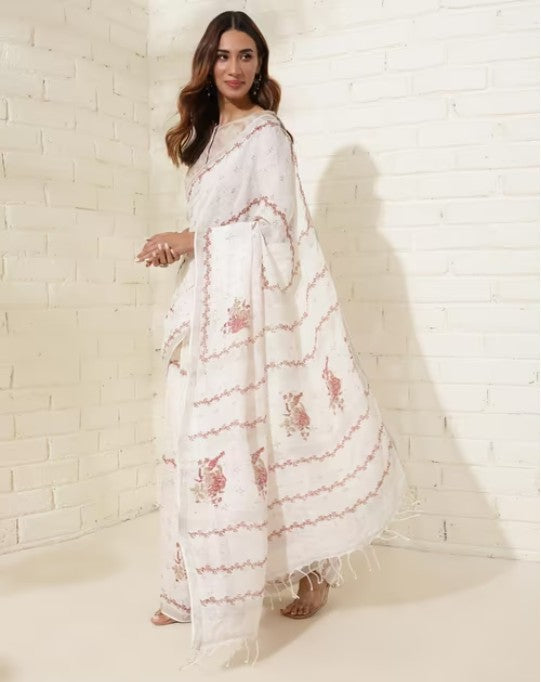 Yellow Linen Blend Hand Block Printed Sari