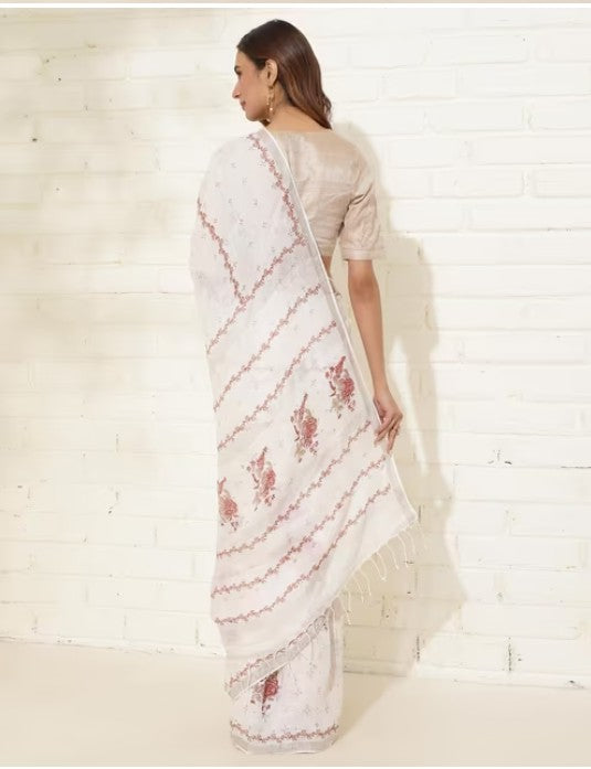 Yellow Linen Blend Hand Block Printed Sari