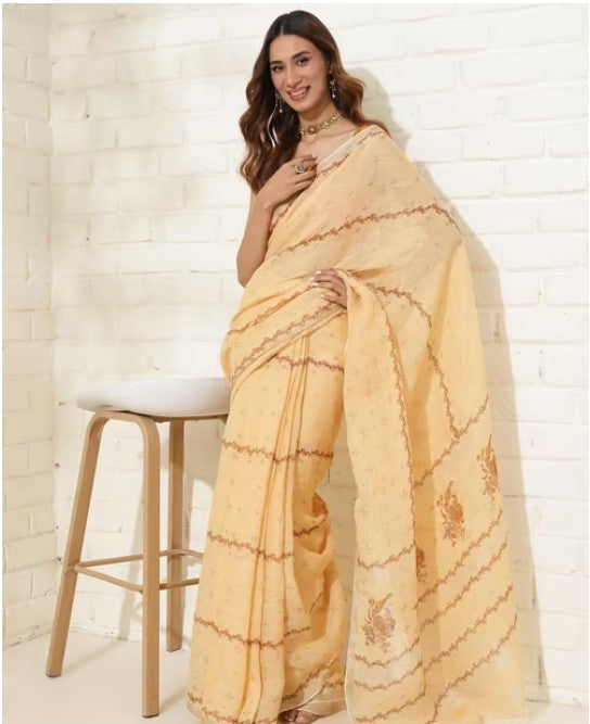 Yellow Linen Blend Hand Block Printed Sari