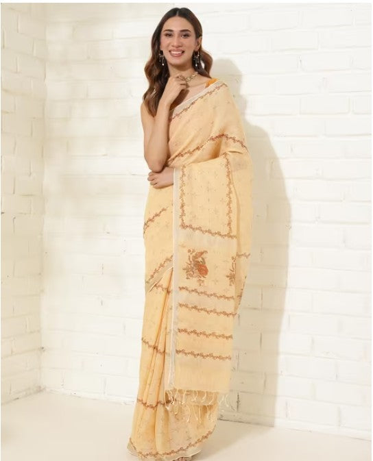 Yellow Linen Blend Hand Block Printed Sari