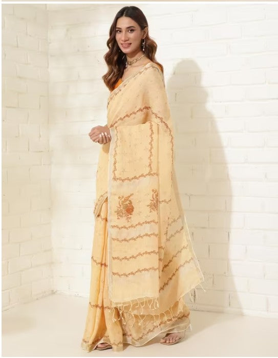Yellow Linen Blend Hand Block Printed Sari