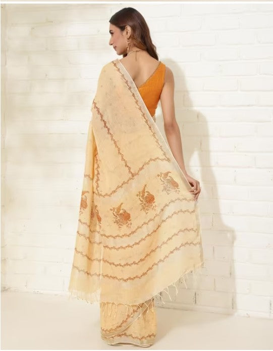Yellow Linen Blend Hand Block Printed Sari